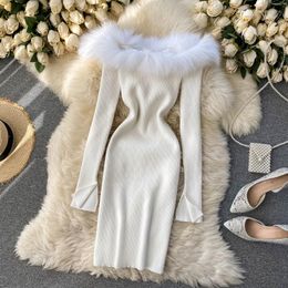 Casual Dresses Super Luxury Look Slash Fur Neck Knitted Dress Off-the-shoulder Stretch Party Women Fashion Sweater TN1286