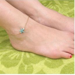 Anklets Blue Starfish With White Bead Side Gold Colour Plated Metal Chain For Women Foot Anklet Gift