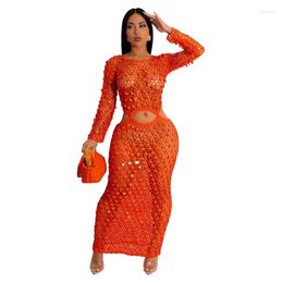 Casual Dresses STYLISH LADY Hollow Out Sequined Beach Dress 2023 Summer Women Long Sleeve O Neck Mesh Bodycon Sexy Club Party