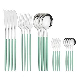 Dinnerware Sets 20pcs Dinnerware Mint Green Silver Stainless Steel Set Knives Fork Spoons Cutlery Kitchen Home Tableware Flatware Set Wholesale 230503