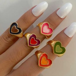 Band Rings New Ins Creative Cute Colourful Double Layer Love Heart Ring Vintage Drop Oil Metal For Women Girls Fashion Jewellery Y23