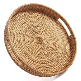 Organization Round Rattan Serving Tray Decorative Woven Ottoman Trays With Handles For Coffee Table Natural