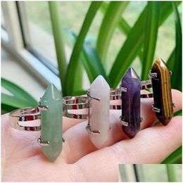 Cluster Rings Healing Natural Stone Ring Hexagonal Point Amethysts Lapis Opal Pink Crystal Finger Resizable For Women Drop Delivery J Dhl31