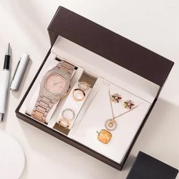 Wristwatches Luxury Women Rose Gold Watch Necklace Pendant Bracelet Ring Earrings Combo Sets Fashion Jewelry Set Gift For Hip Hop Style