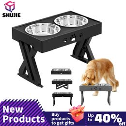 Feeding 2022 New Dog Double Bowl With Stand Adjustable Height Pet Feeding Bowl Medium Large Dog Overhead Cat Feeder Lift Table