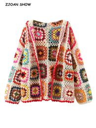 Cardigans 2022 BOHO Coloured Plaid Flower Hand Crochet Hooded Cardigan Ethnic Woman Open Stitching Full Sleeve Sweater Beach Short Jumper