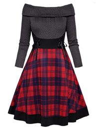 Casual Dresses Oversized 4XL 5XL Off The Shoulder Twisted Textured Knit Panel Lace Up Plaid Print Dress Long Sleeve High Waist Curve Robe