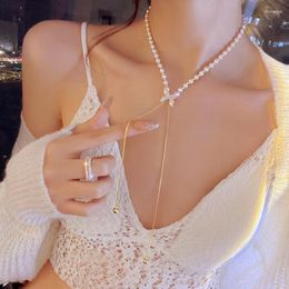Chains 2023 Elegant Pearl Chain Metal Butterfly Tassel Long Necklace For Womans Fashion Jewellery Girl's Sweet Chokers Neck