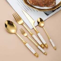 Dinnerware Sets 20pcs Gold Stainless Steel Dinnerware Set Ceramics Handle Tableware Knife Fork Spoon Flatware Dishwasher Safe Silverware Cutlery 230503