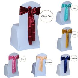 Sashes Cheap 50pcs/lot Red/Gold/BLue 14 Colour Wedding Chair Sash Satin Fabric Bow Tie Ribbon Band Decoration Hotel Party Supplies