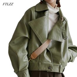 Jackets FTLZZ New Spring Autumn Green Faux Leather Jackets Casual Women Short Vintage Loose Pu Jackets Female Black Red Leather Coats