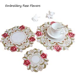 Mats Pads Popular round rose flower embroidery table place mat pad cloth placemat doily coffee tea coaster kitchen cup pad Christmas decor Z0502