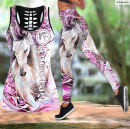 Suits Love Horse 3D Printed Women Two Piece Yoga Set Vest Hollow Combo Tank Top Legging Waist Sport Fitness Quick Dry E23