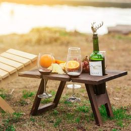 Camp Furniture Wooden Folding Picnic Table Portable Square Outdoor Camping Equipment With Wine Glass Rack