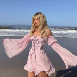 Casual Dresse Fairy Pink Chiffon Mini Dress Chic Bandage Corset Vintage Long Puff Sleeve Sundress Slash Neck Bridesmaid Bodycon Beach 230503