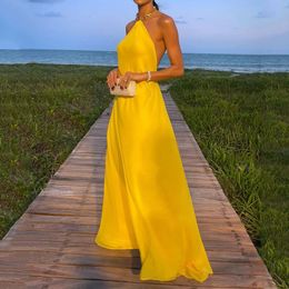 Casual Dresses Ellafads Women Maxi Dress Elegant Solid Yellow Sleeveless Chain Halter Neck Backless Evening Party Dresses High Streetwear 230503