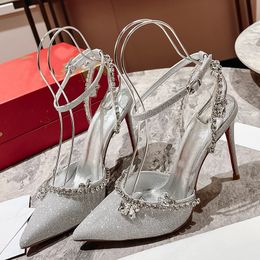 Silver rhinestones Glitter embellished Stiletto Heels Womens shoes High Heels Luxury designer new sexy wedding party shoes lace-up womens shoes Sizes 35-43 +box