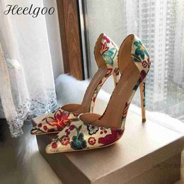 Dress Shoes Heelgoo Flower Print Women Gold Pointy Toe D'Orsay High Heel Wedding Bridal Shoes Sexy Ladies Party Stiletto Pumps Size 33-46
