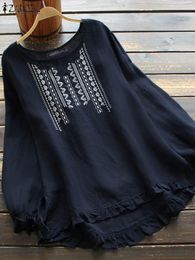 Blouse Vintage Embroidery Shirts Women Autumn Blouses ZANZEA 2022 Casual Long Sleeve Blusas Female Ruffle Tunic Oversized Chemise Tops