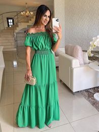 Casual Dresse Slash Neck Maxi Summer Solid Loose Short Sleeve Ruffle Dress Female Beach Party Long Elegant Robe 230503