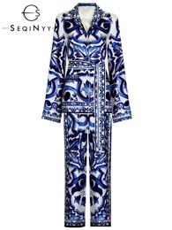 Suits SEQINYY Loose Set Spring Autumn New Fashion Design Women Runway Pyjamas Shirt + Elastic Waist Pants Blue Flowers Print Sicily