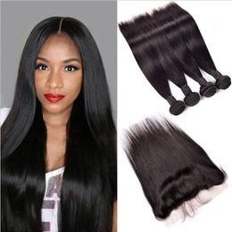 Brazilian Straight Human Virgin Hair 3 Bundles with 13x4 Transparent Lace Frontal Ear to Ear Full Head Natural Color