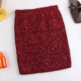 Skirts Women Red Sequined Pencil Skirt Female Casual High Waist Stretchy Wrap Mini Office Lady Party Street Bodycon1