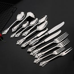 Dinnerware Sets 6Pcs Mirror Silver Cutlery Vintage Western Dining Knife Dessert Fork Teaspoon Set Luxury Dinnerware Engraving Tableware Set 230503