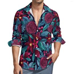 Men's Casual Shirts Elegant Roses Shirt Spring Christmas Floral Print Men Cool Blouses Long Sleeve Printed Y2K Clothing Plus Size