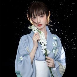 Ethnic Clothing 2023 Woman Japanese Kimono Cosplay With White Obi Flower Printed Traditional Yukata Bathrobe Pography Stage Show Dress