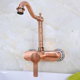 Kitchen Faucets Antique Red Copper Wall Mounted Swivel Spout Bathroom Sink Faucet Single Handle Mixer Tap Tnf939