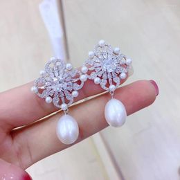 Dangle Earrings Natural Fresh Water Pearl Earring 925 Sterling Silver With Cubic Zircon Square Shape 25 42MM Fine Women Jewelry