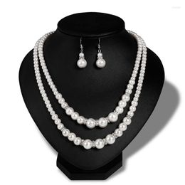 Necklace Earrings Set Trendy Double Chain Pearl Jewellery Resin Ear Clip Women Simulated