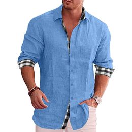 Men's Casual Shirts Men's Cotton Linen Shirts Loose Casual Blouse Grid Long Sleeve Tee Shirt Autumn Plus Size 5xl Fashion Handsome Men's t Shirt 230503
