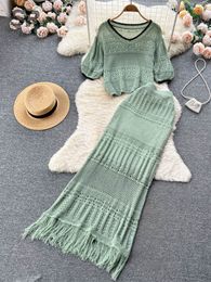 Two Piece Dress SINGREINY Casual Knit Two Piece Sets Summer Women Hollow Out Tops Elastic Waist Tassel Skirt Ladies Korean Y2K Beach Suits 230503
