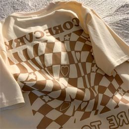 Camisoles Tanks American checkerboard short sleeved T shirt Men and Women Joker Couples loose half sleeve oversized t 230503