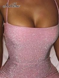 Casual Dresses Artsu Glitter Pink Lace Up Open Back High Split Maxi Dress Club Fashion Summer Club Bodycon Dresses Woman Party Night P230322