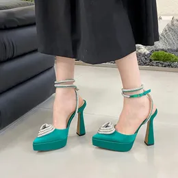 Mach satin sandals womens leather sole high heels 11.5 cm platform dress shoes diamond chain decoration luxury designer shoe with pointed back pockets high heeled