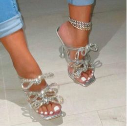 Gold Silver Crystal Sandals Women Goblet Heel Rhinestone Bow tie Outdoor Lady Gladiators Slippers Shoes