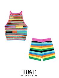 Women s Tracksuits TRAF Women Fashion Striped Knit Tank Tops And High Elastic Waist Shorts Female Two Piece Sets Mujer 230503
