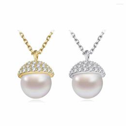 Chains Hongye Arrival 925 Sterling Sliver Elegant Pinecon Nature Freshwater Pearl Pendant Shiny Zircon Necklace For Women Party