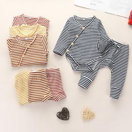 Pyjamas Autumn Winter Kids Baby Girls Boys Pyjama Clothes Sets Knit Striped Long Sleeve Button Romper Pants 230503