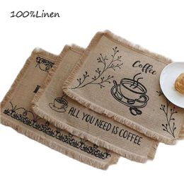 Mats Pads Popular Natural Jute Burlap Printed table place mat pad Cloth placemat cup Christmas coffee tea coaster doily kitchen accessory Z0502