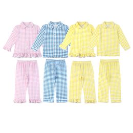 Pyjamas Spring Button Up Easter Pjs Long Sleeve 2pcs Sleepwear Chequered Knit Boys Matching Pyjama Sets Girls Pyjamas 230503