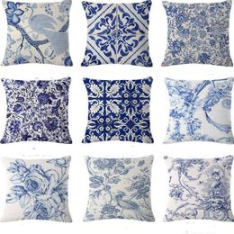Pillow Case Vintage Blue Flower Chinese Style Cover Bird Girl Pattern Cushion For Home Decor 45 CM