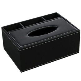 Organisation Leather Tissue Box Remote Control Holder Multifunctional Desktop Organiser Pencil Scissor Container (Black)