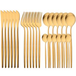 Dinnerware Sets Drmfiy Matte 24Pcs Gold Cutlery Set Dinnerware Set Kitchen Flatware Kniver Forks Teaspoons Stainless Steel Western Tableware Set 230503