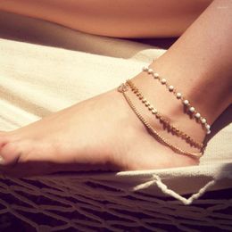 Anklets Three Layers Anklet Blue White Beads Contact Gold Color Plated Round Disc Chain For Women Gift