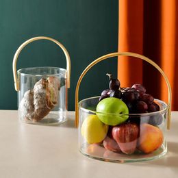 Organization Glass Fruit Basket with Bamboo Wood Handle Ice Bucket Snacks Food Storage Containers Kitchen Organizer Living Room Transparent