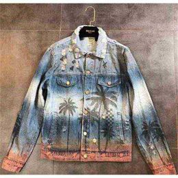 Fashiondemon Autumn New Men's Women's Clothing Denim Jacket Coat Washed Hole Frayed Outerwear Vintage Coconut Palm Print Hip Hop Jackets 1p1rau0